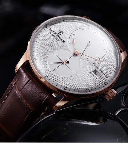 Waterproof Mechanical Watch for Men with Date and Power Reserve Display Stainless Steel Case sapphire Crystal 42mm Large Dial