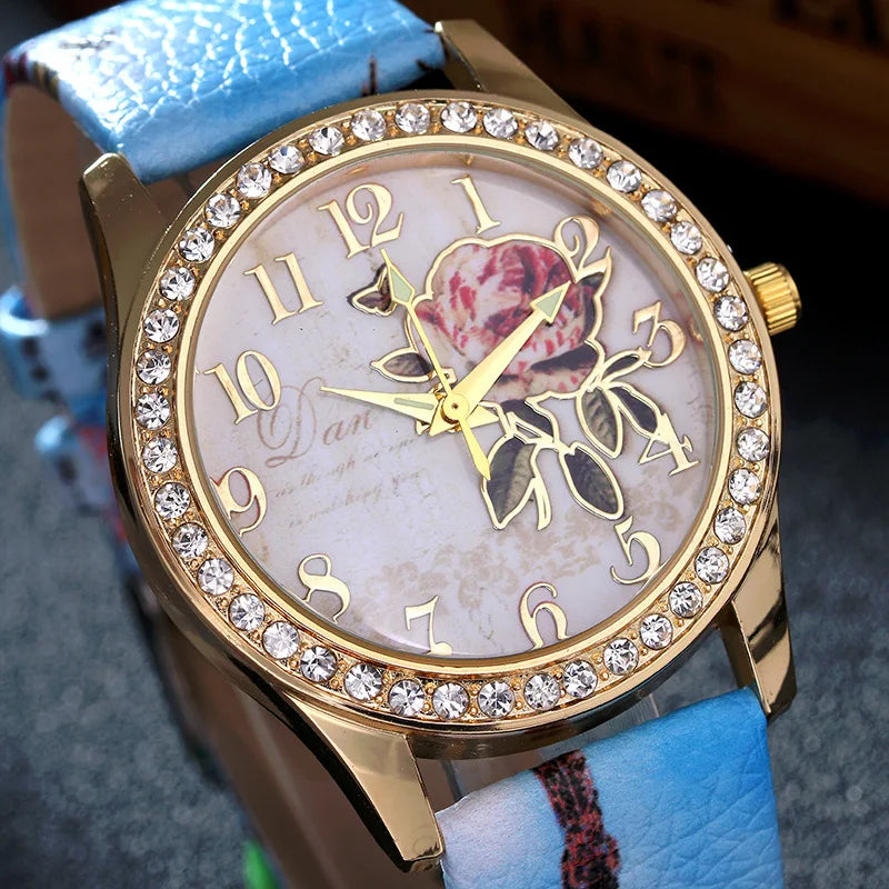 Fashion Ladies Watches Women Printed Flower Watch Luxury Casual Quartz Leather Wrist Watch Fashion Female Dress Clocks Relogio