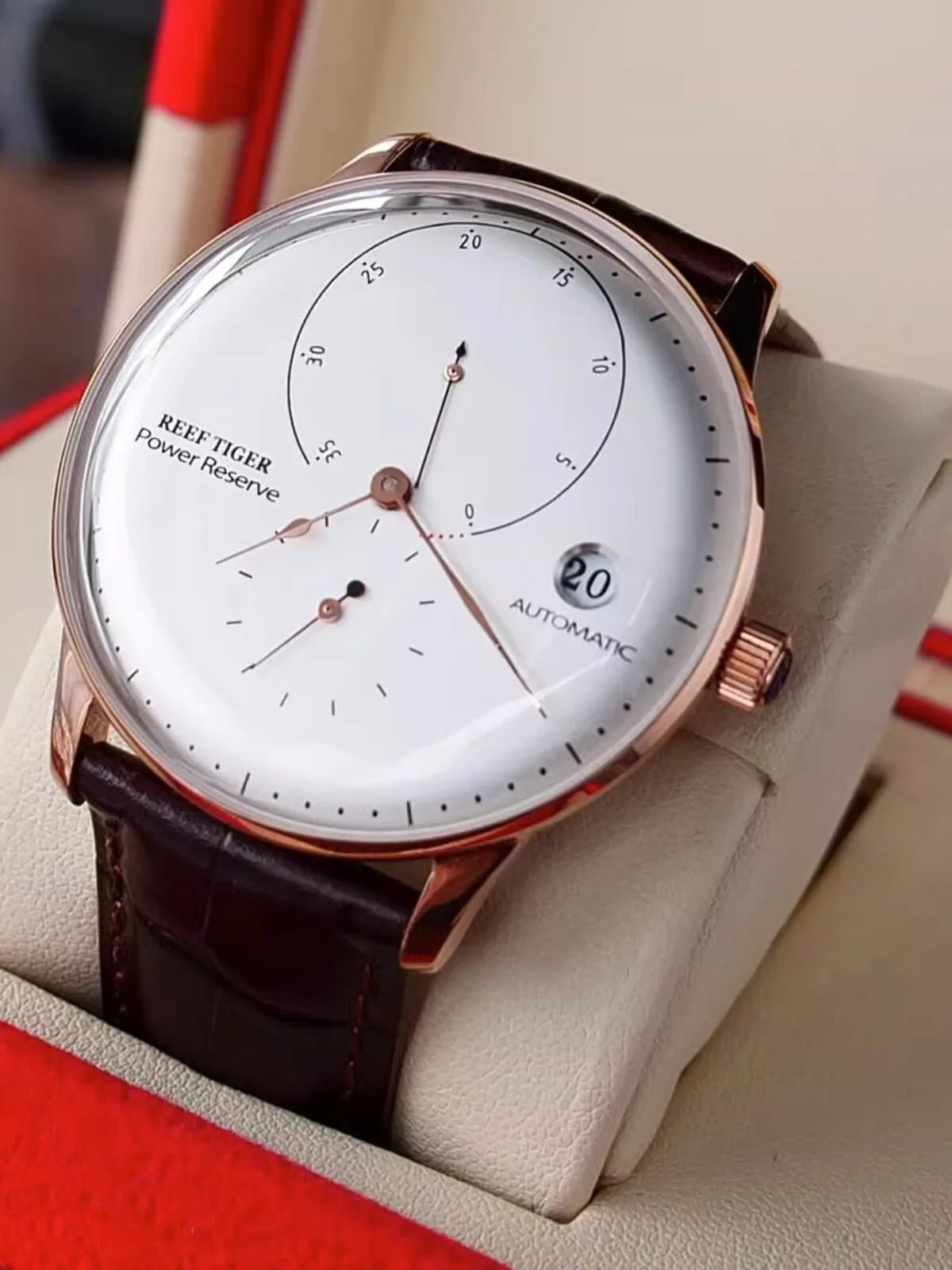 Waterproof Mechanical Watch for Men with Date and Power Reserve Display Stainless Steel Case sapphire Crystal 42mm Large Dial