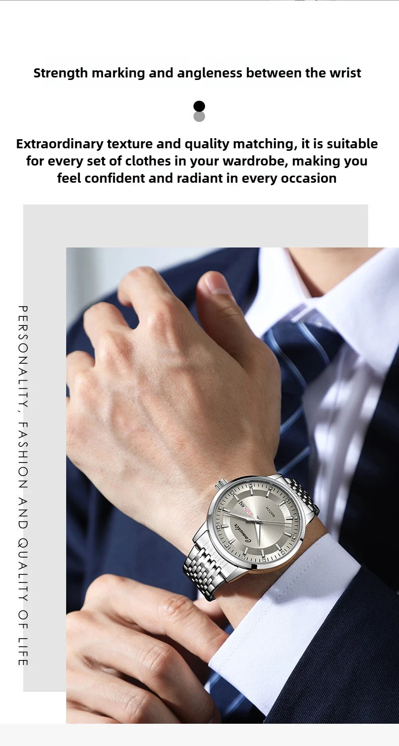 Silvery Non Mechanical Men's Watch Men's Steel Belt Hollowed Out Waterproof Tide Glow in The Dark Dual Calendar Noctilucent