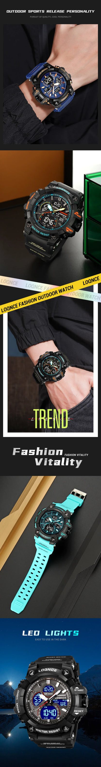 Fashion LOQNCE 98007 Men's Watch 5ATM Waterproof Watches for Men High Quality Dual Movement Multifunctional Electronics Watch