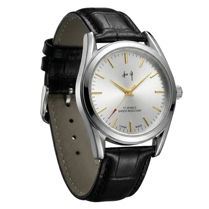 Shanghai Peace Vintage Mechanical Watch for Men 17 Jewels Hand Wind Shock Resistant Black Leather Strap Dress Wristwatch