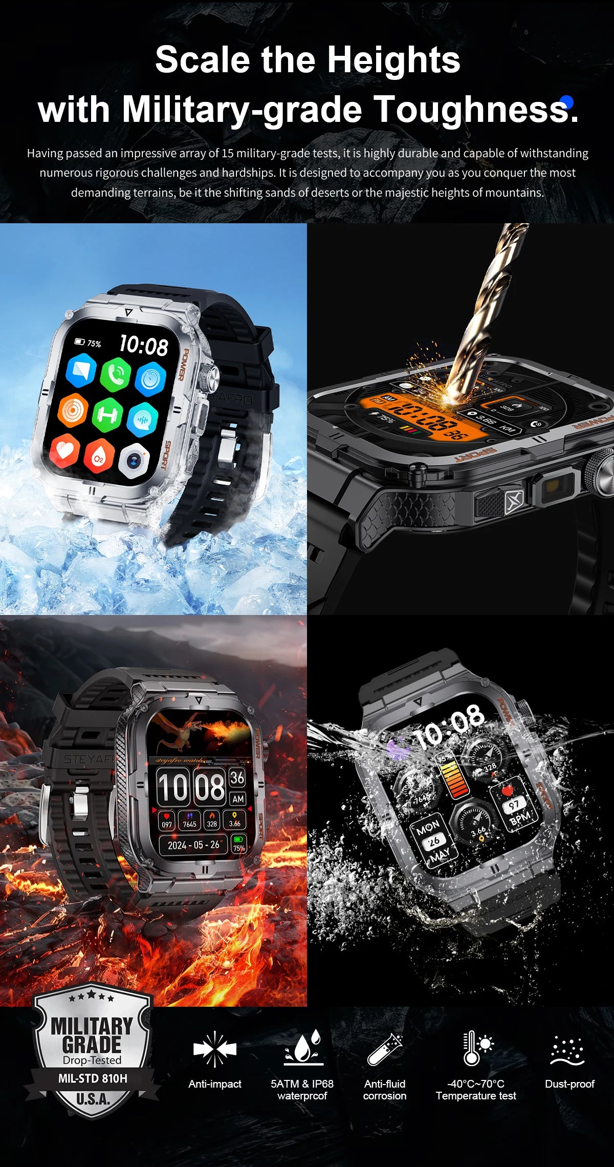 2026 New Men's Smart Watch LED Flashlight IP68 waterproof Outdoor Sports Watch Health Monitoring Fitness tracker for IOS Android