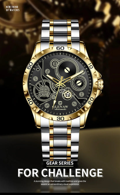 2025 New Glenaw Watches Gear Mechanical All Luminous Design Style Stainless Steel Waterproof Mechanical Watch Men Clock GL8688