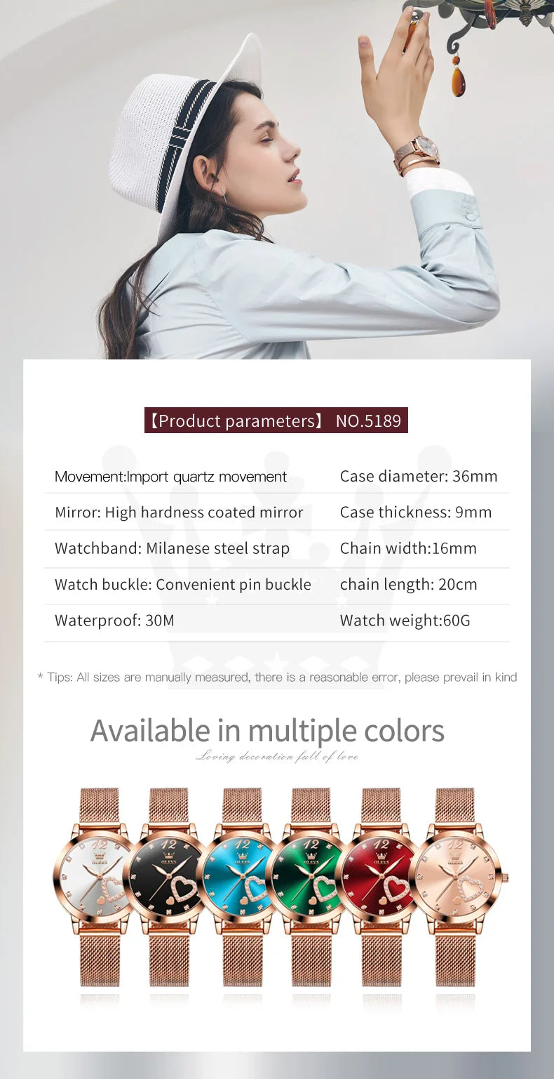 OLEVS 5189 Top Quartz Watch for Women Mesh Steel Strap Heart Design Waterproof Watches Simple Fashion Elegant Ladies Wristwatch