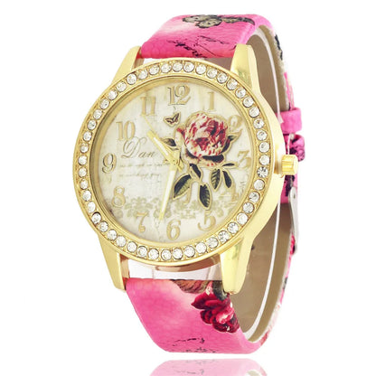 Fashion Ladies Watches Women Printed Flower Watch Luxury Casual Quartz Leather Wrist Watch Fashion Female Dress Clocks Relogio
