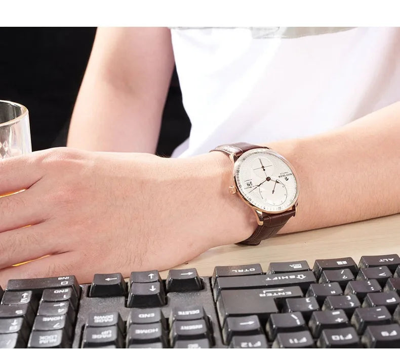 Waterproof Mechanical Watch for Men with Date and Power Reserve Display Stainless Steel Case sapphire Crystal 42mm Large Dial
