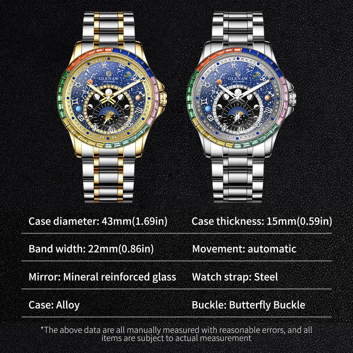 2026 GLENAW New Design Rainbow Circle Mechanical Watch Men Constellation Dial Night Light Waterproof Top Luxury Mechanical Watch