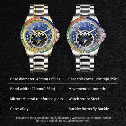 2026 GLENAW New Design Rainbow Circle Mechanical Watch Men Constellation Dial Night Light Waterproof Top Luxury Mechanical Watch