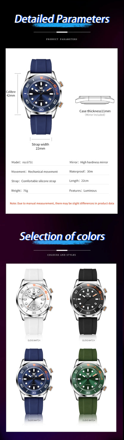 OLEVS Watches for Men Top Luxury Brand Automatic Mechanical Watch Super Waterproof Luminous Swim Diving Watch Reloj 6751
