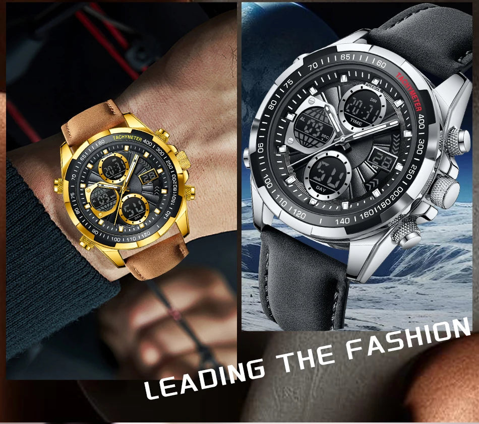 LIGE Top Watches for Men Leather Men Military Sport Waterproof Watch Quartz WristWatch Chronograph Male Clock