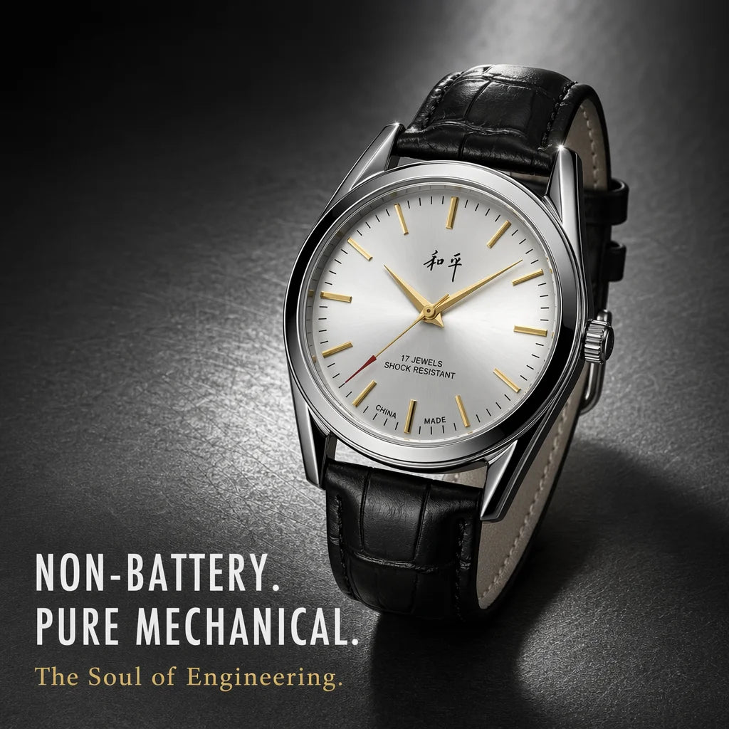 Shanghai Peace Vintage Mechanical Watch for Men 17 Jewels Hand Wind Shock Resistant Black Leather Strap Dress Wristwatch