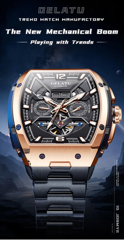 Reloj Hombre Watches Mens GELATU Top Brand Luxury Rose Black Skeleton Tourbillon Automatic Mechanical Watch for Men Waterproof