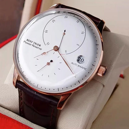 Waterproof Mechanical Watch for Men with Date and Power Reserve Display Stainless Steel Case sapphire Crystal 42mm Large Dial