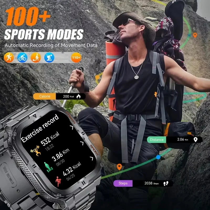2026 New Men's Smart Watch LED Flashlight IP68 waterproof Outdoor Sports Watch Health Monitoring Fitness tracker for IOS Android